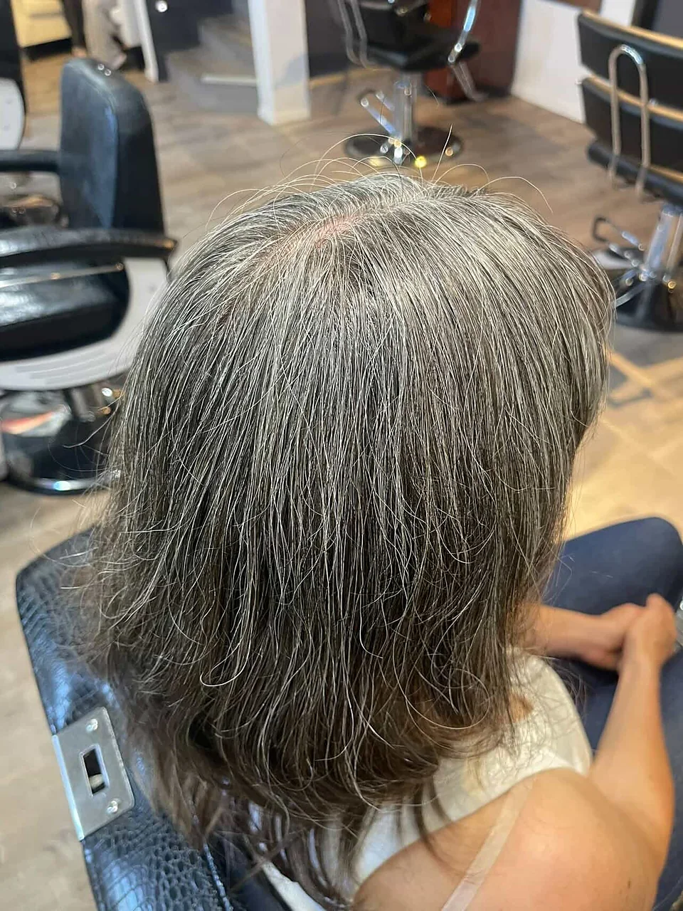 Before: grown-out grey from the part through the mid-lengths.