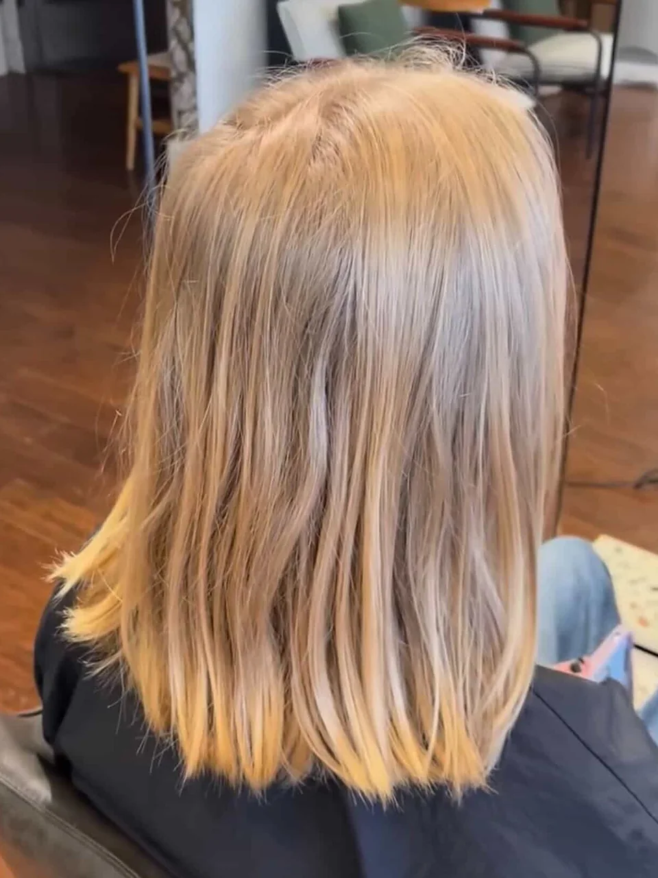 Before: straight shoulder-length blonde grown past its shape.