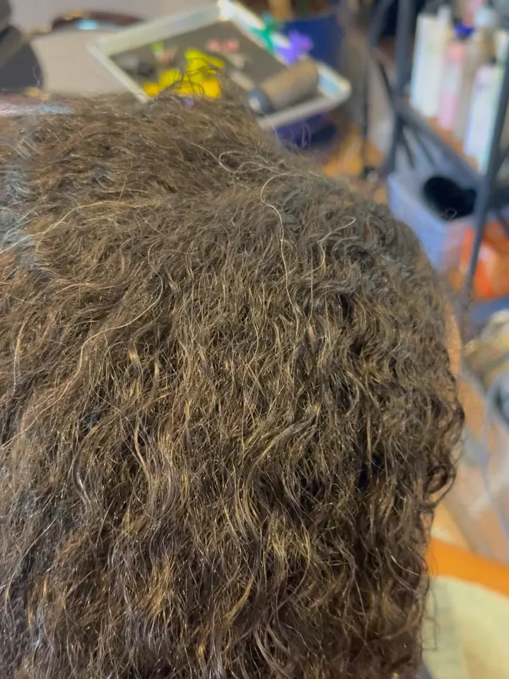 Natural curl texture through a brunette crown.