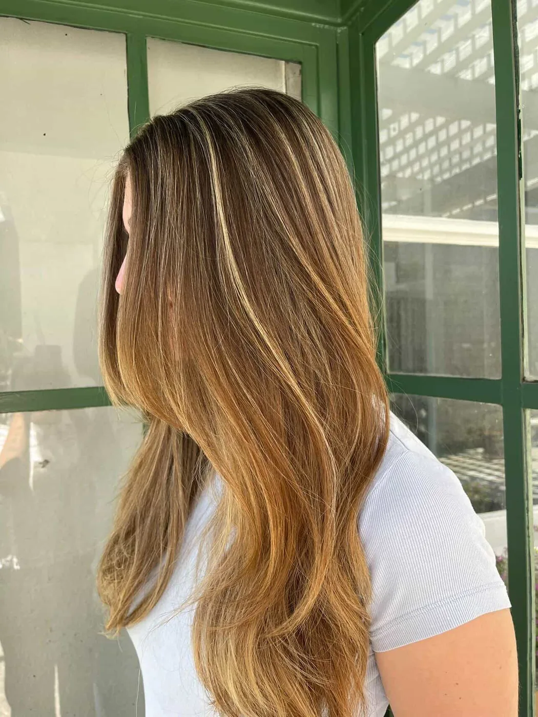 Long honey-caramel balayage with fine bright ribbons, photographed in daylight.