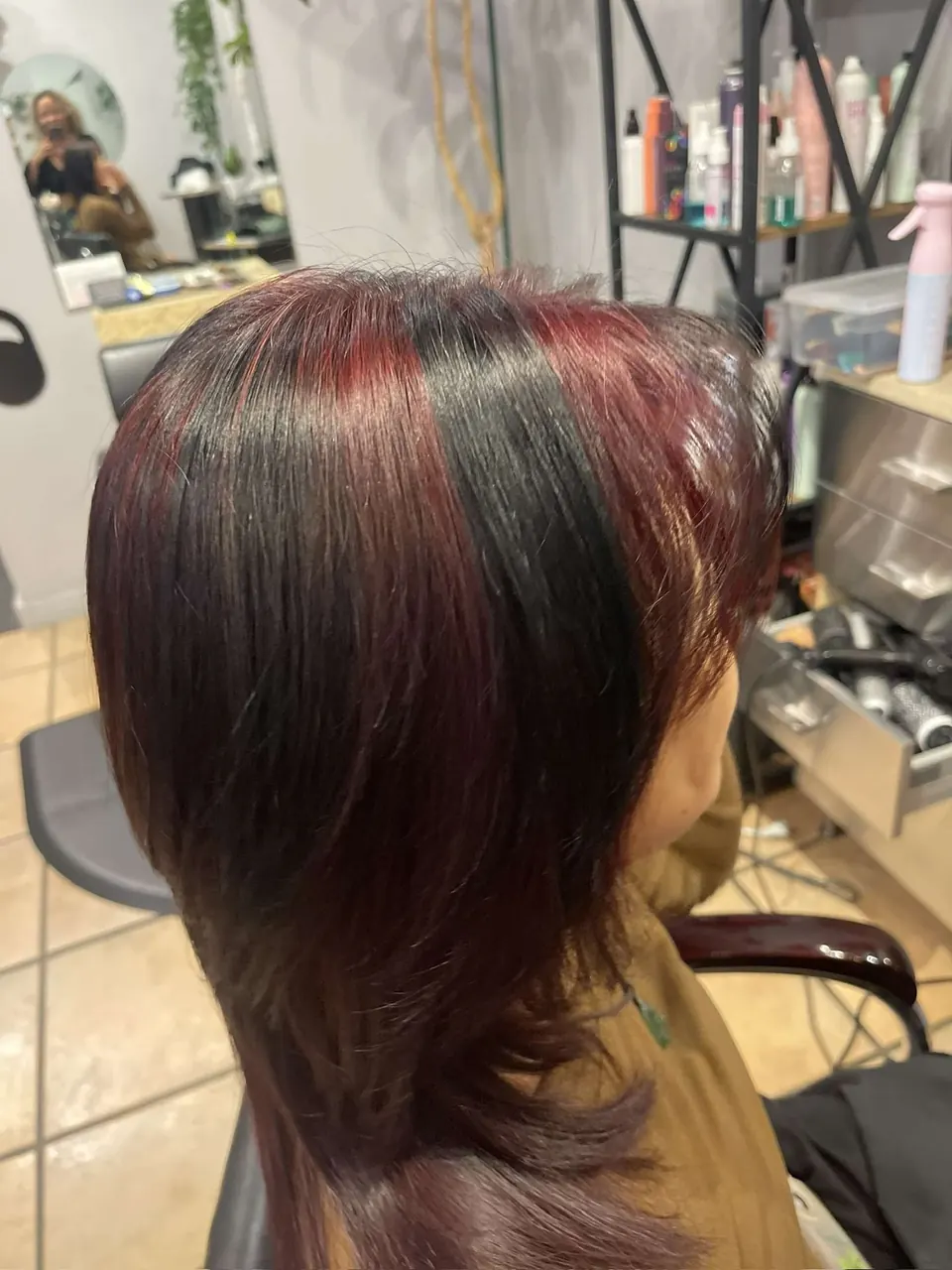 Red dimensional color placed in sections through dark hair.