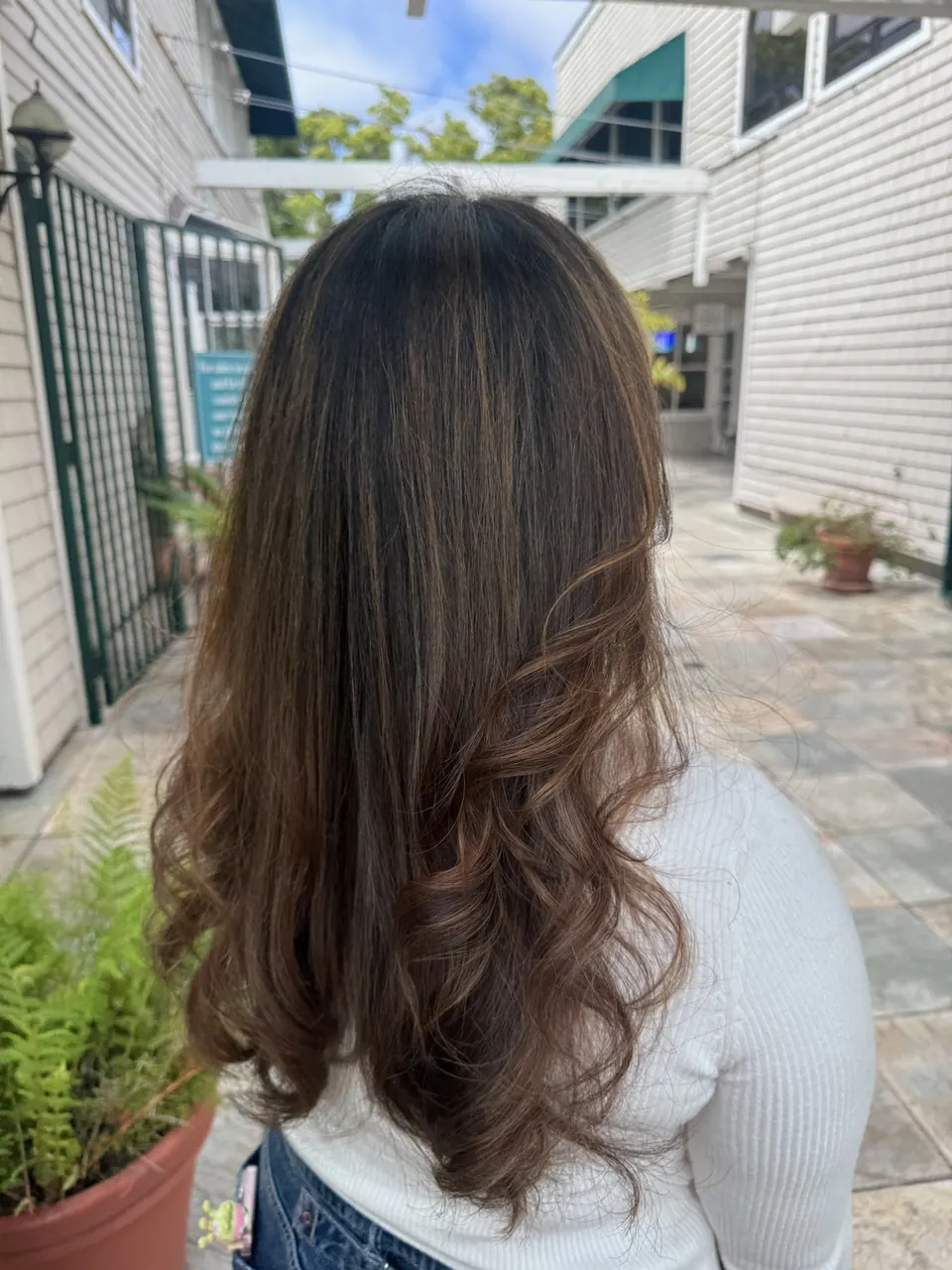 Warm balayage through long brunette waves, photographed outdoors.